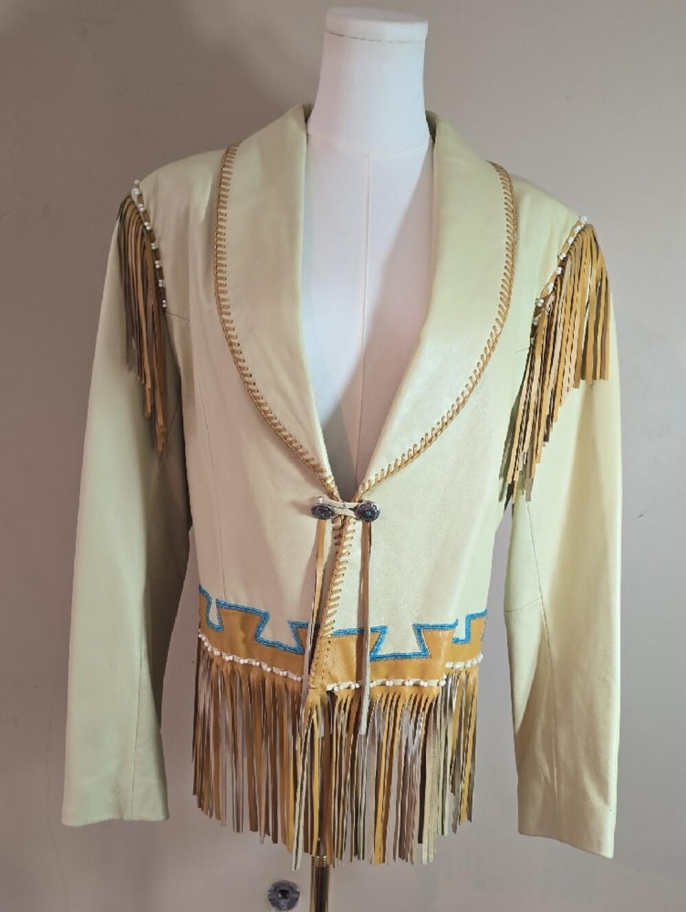 Fringed Pale Yellow Faux Leather Jacket with Turquoise Trim - Picture 8 of 15